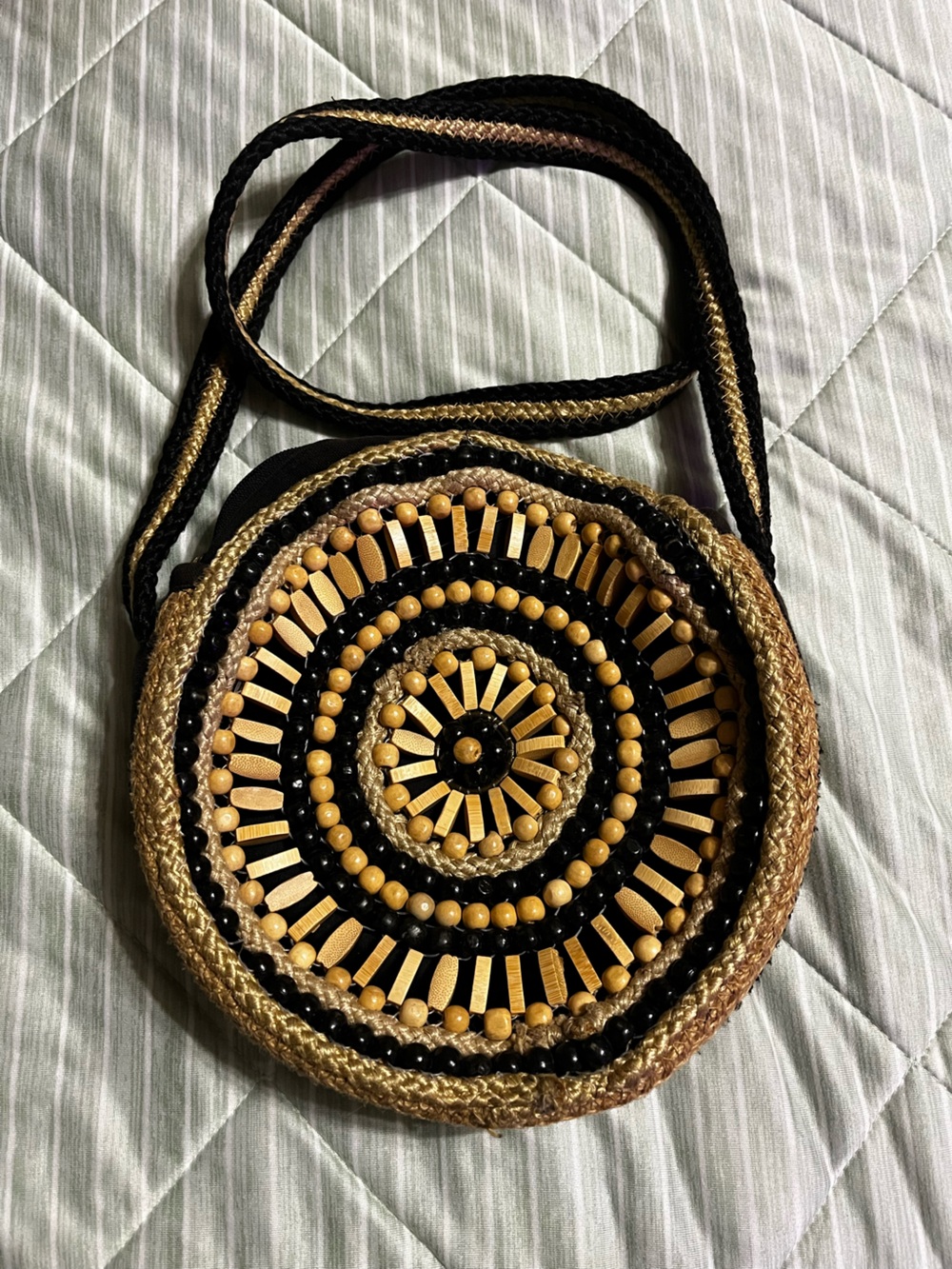 Boho Round Crossbody Bag in Black and Natural
